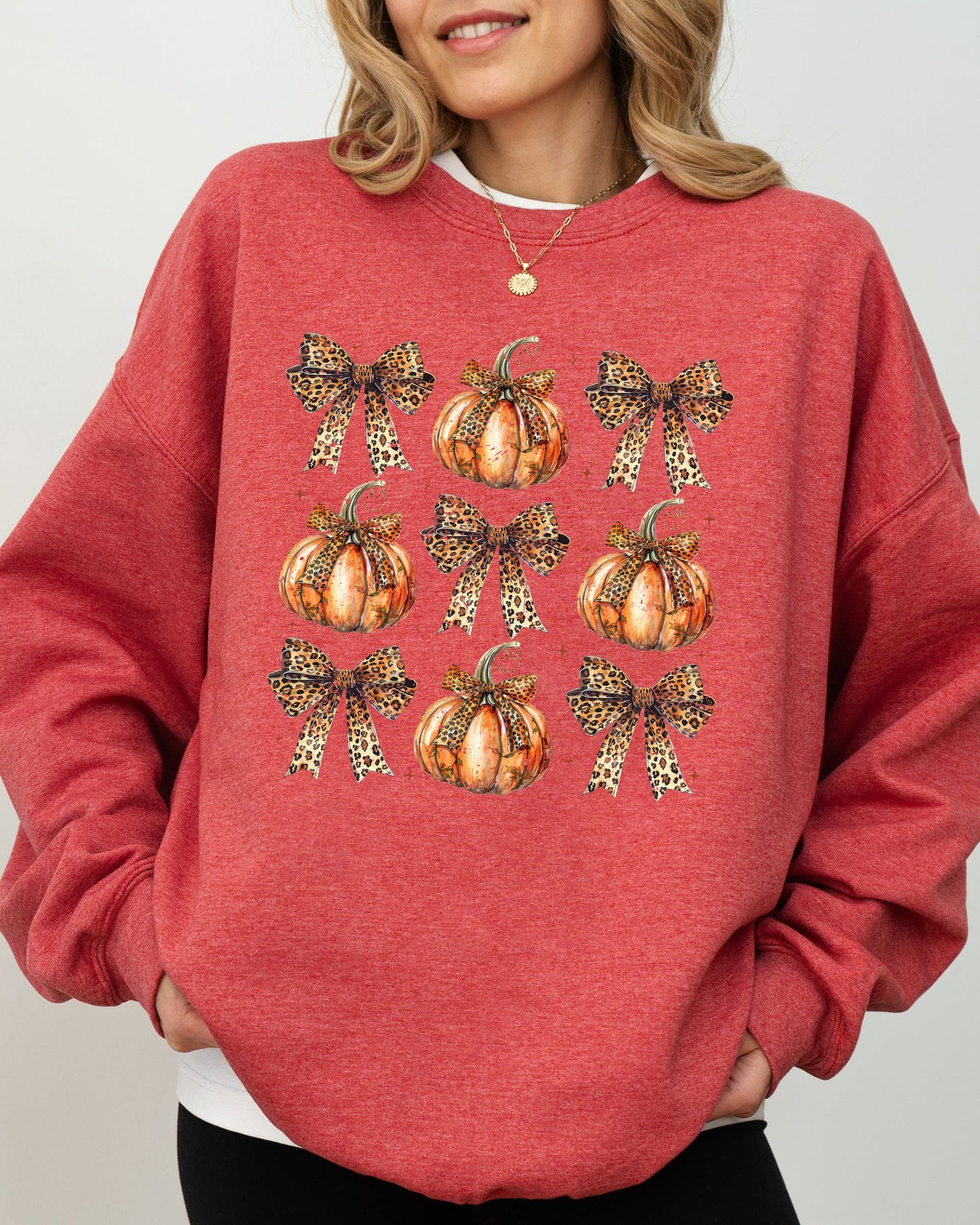 Leopard Print Pumpkins, Coquette Ribbons and Bows, Halloween, Autumn, Fall Sweatshirt