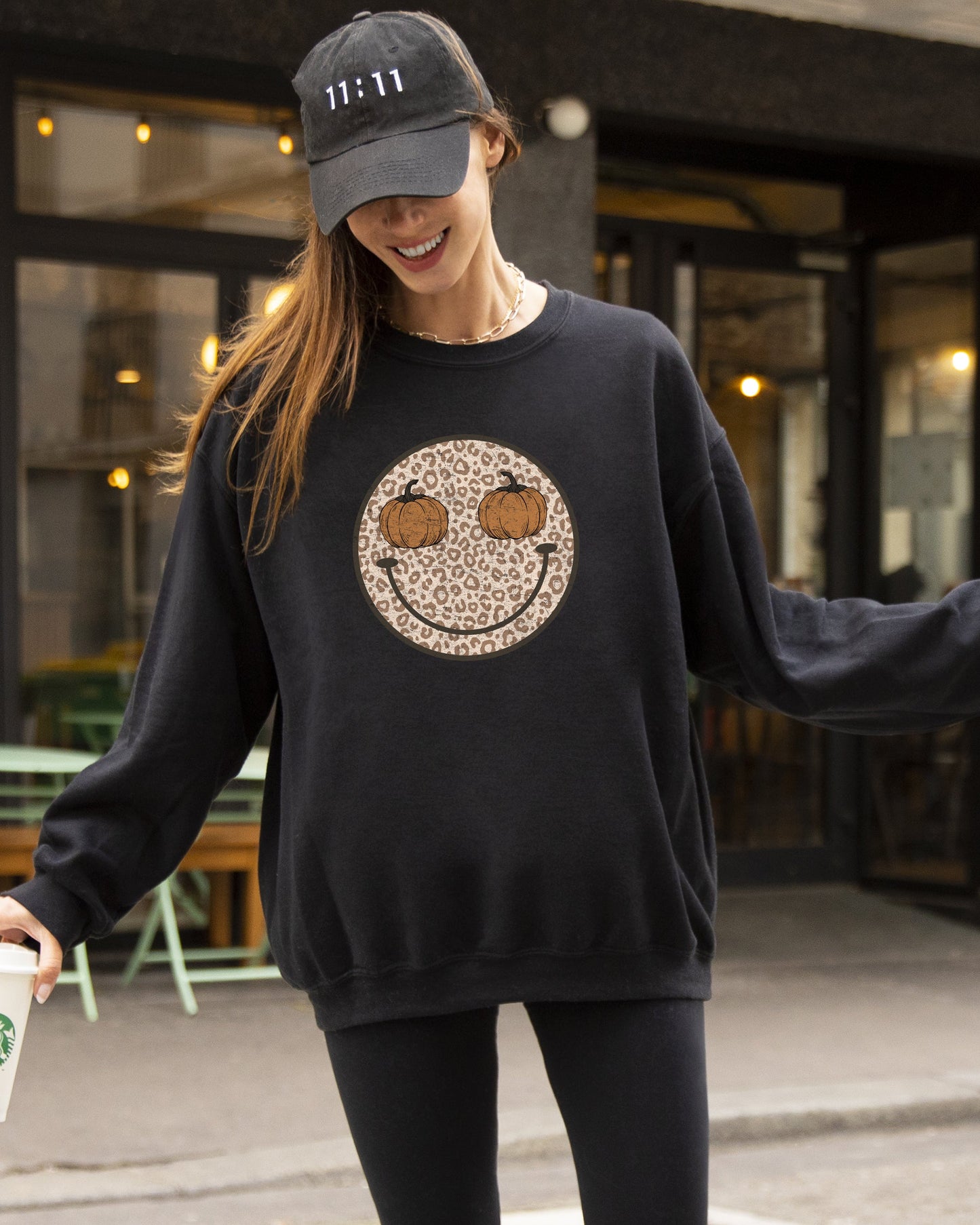 Leopard Print Smiley, Halloween, Pumpkin, Retro, Fall, Autumn Sweatshirt