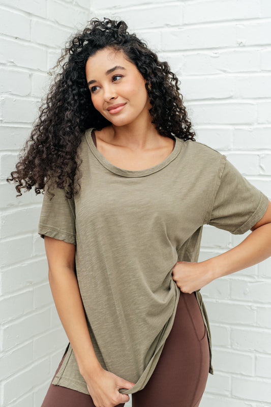 Let Me Live Relaxed Boat Neck Tee in Army