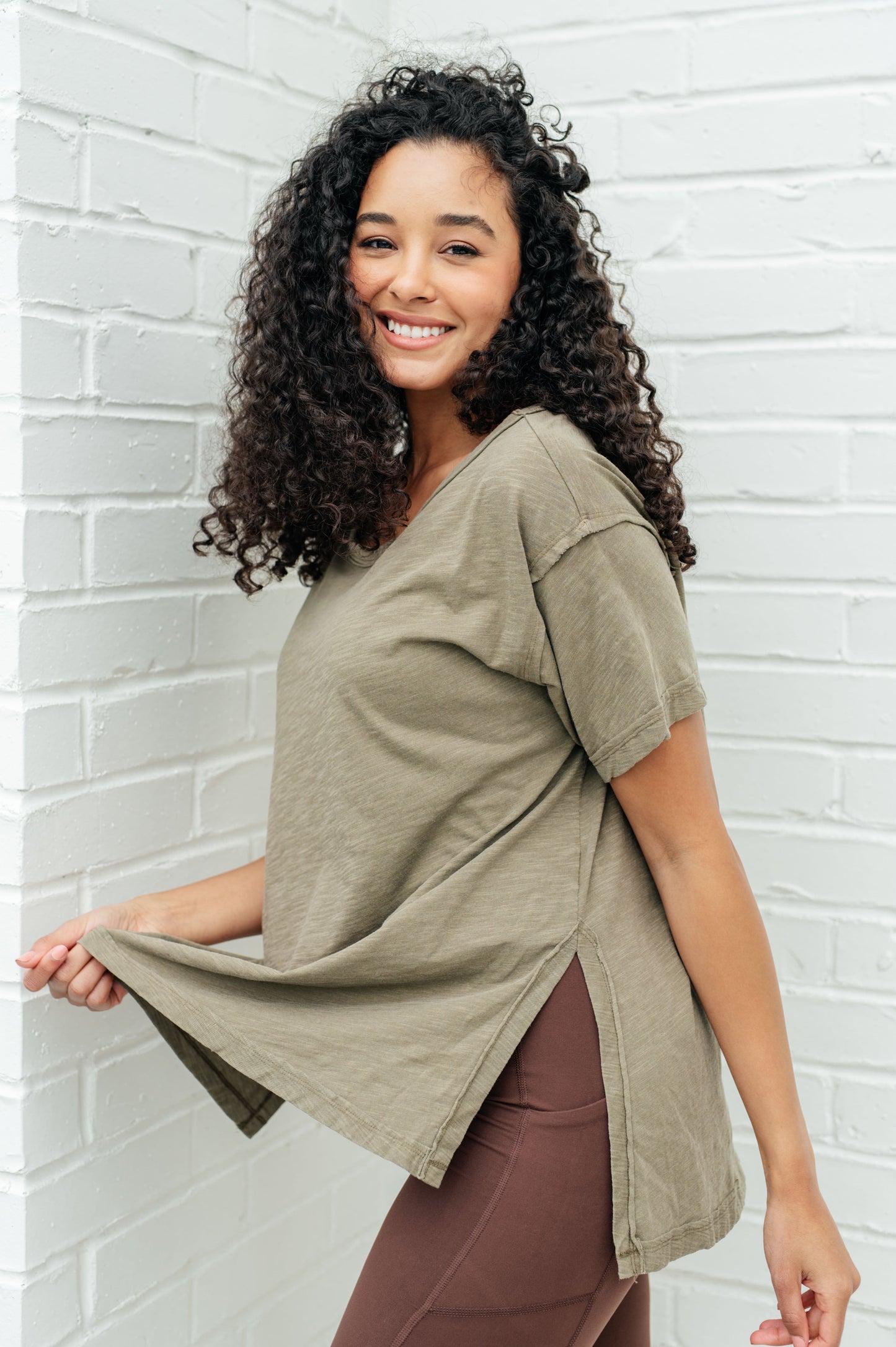 Let Me Live Relaxed Boat Neck Tee in Army