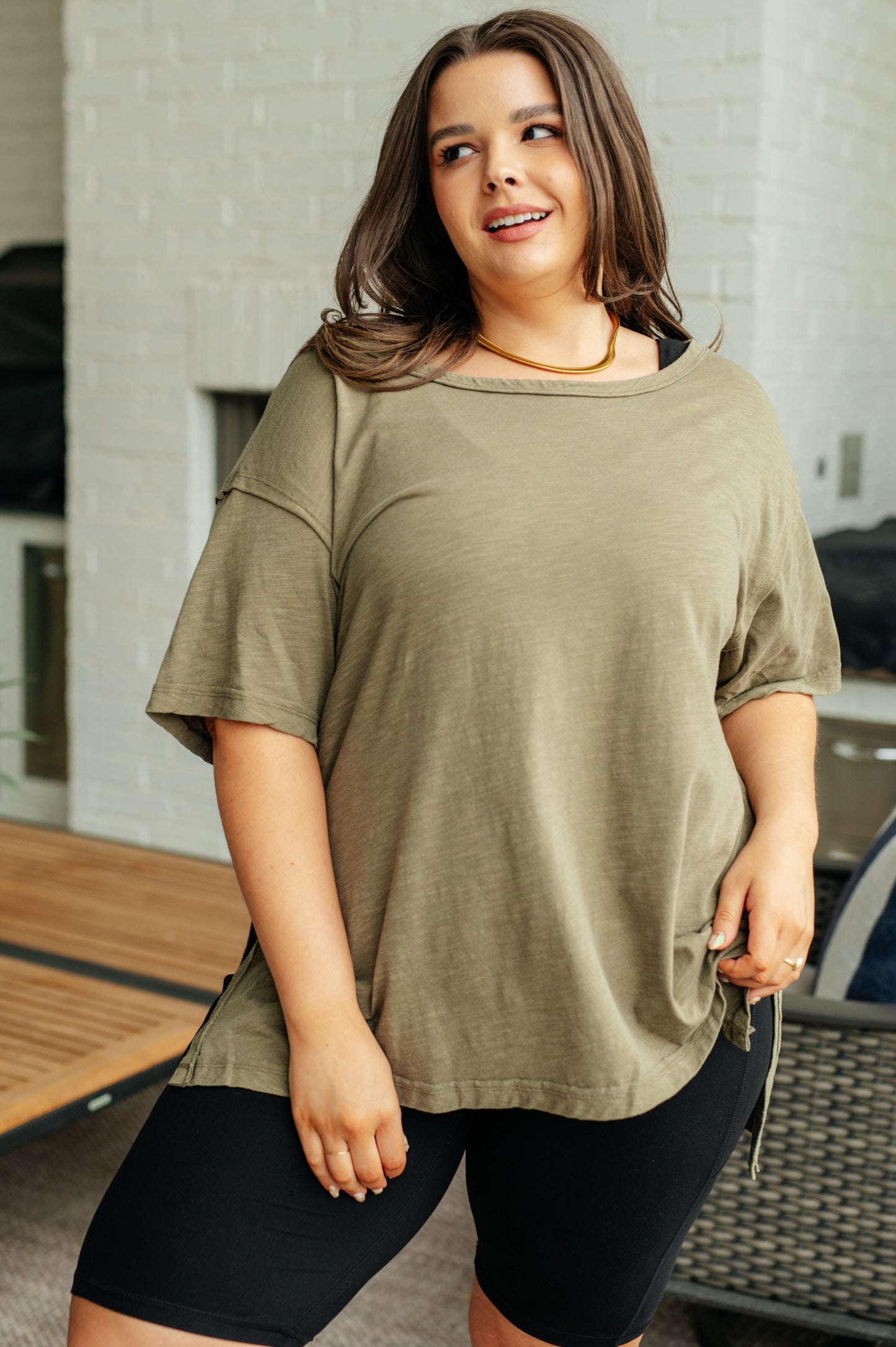 Let Me Live Relaxed Boat Neck Tee in Army
