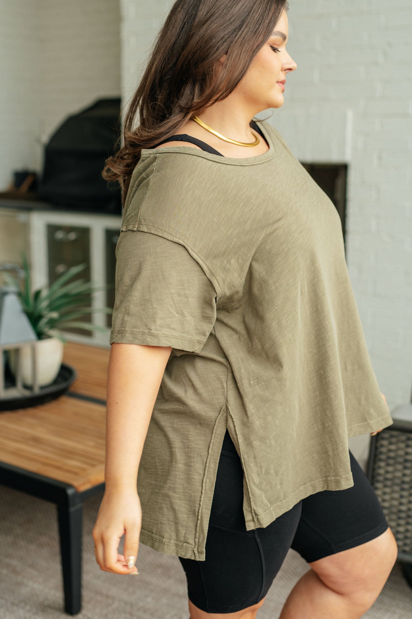Let Me Live Relaxed Boat Neck Tee in Army