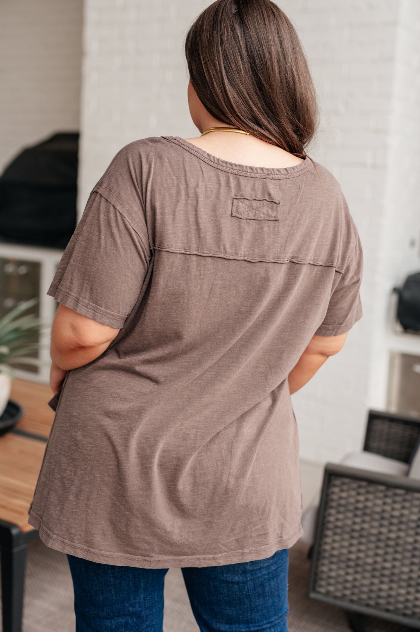 Let Me Live Relaxed Brown Tee Lightweight Boat Neck Sweater Knit