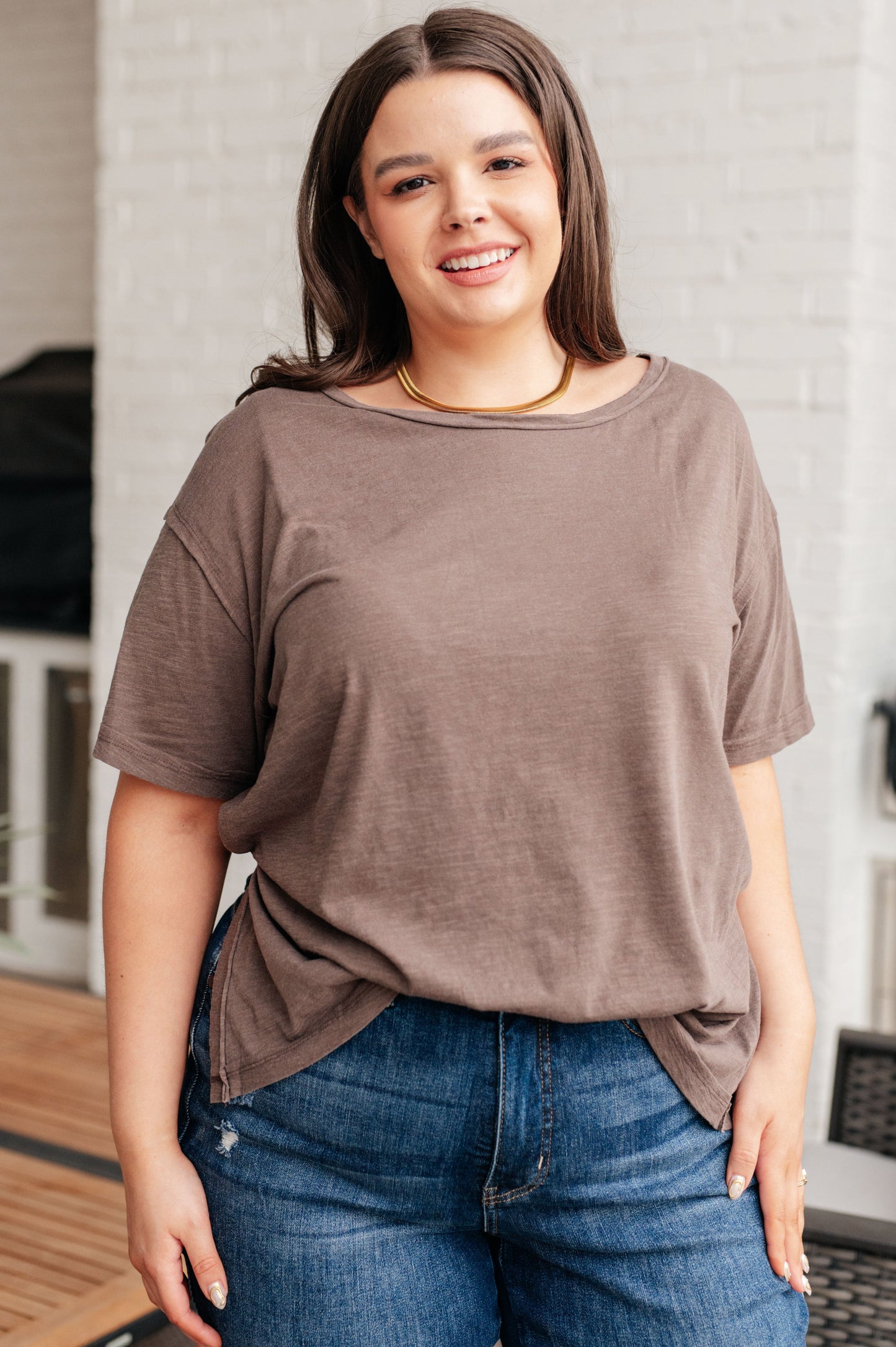 Let Me Live Relaxed Brown Tee Lightweight Boat Neck Sweater Knit