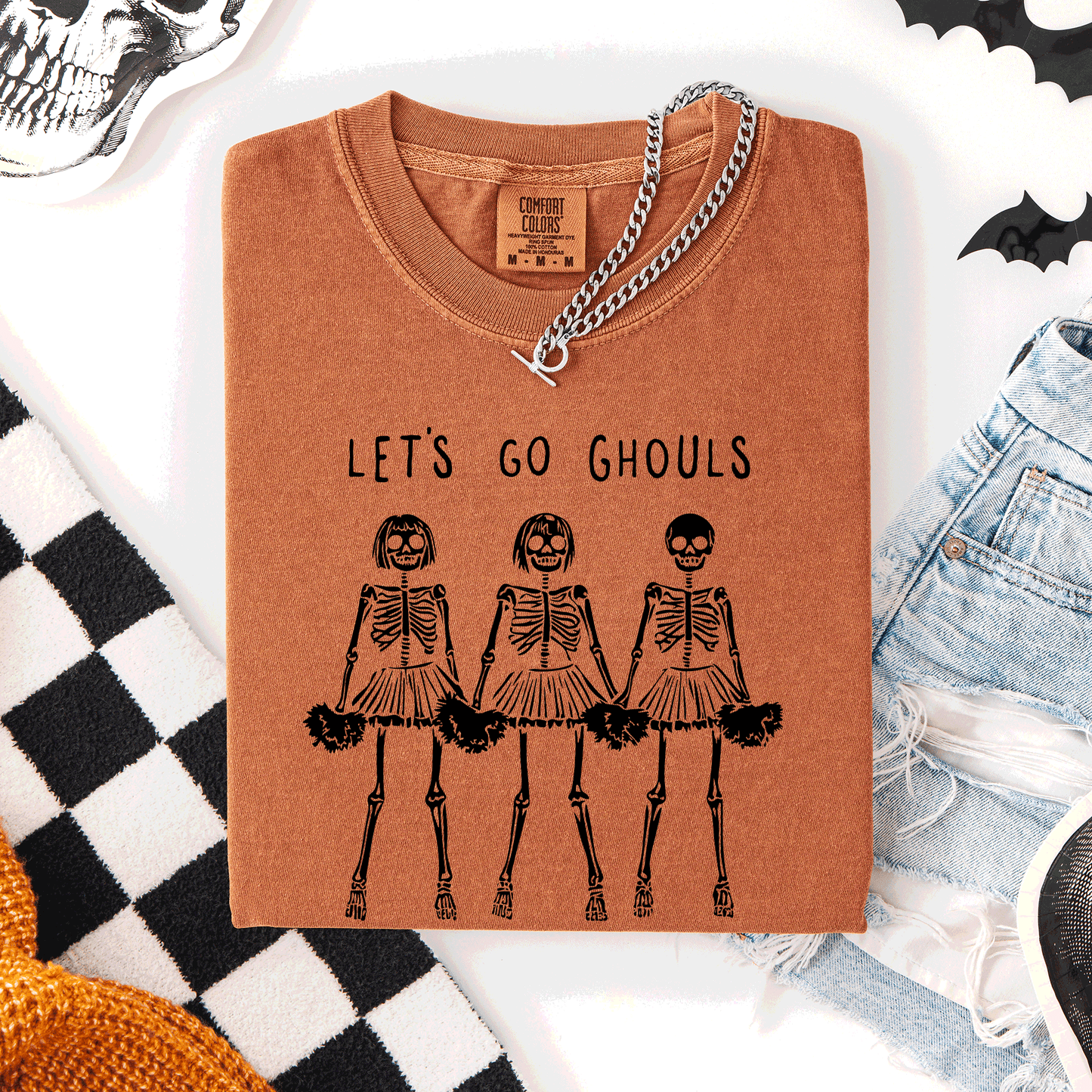 Let's Go Ghouls, Skeleton Cheerleaders, Cute, Halloween, Comfort Colors T-Shirt