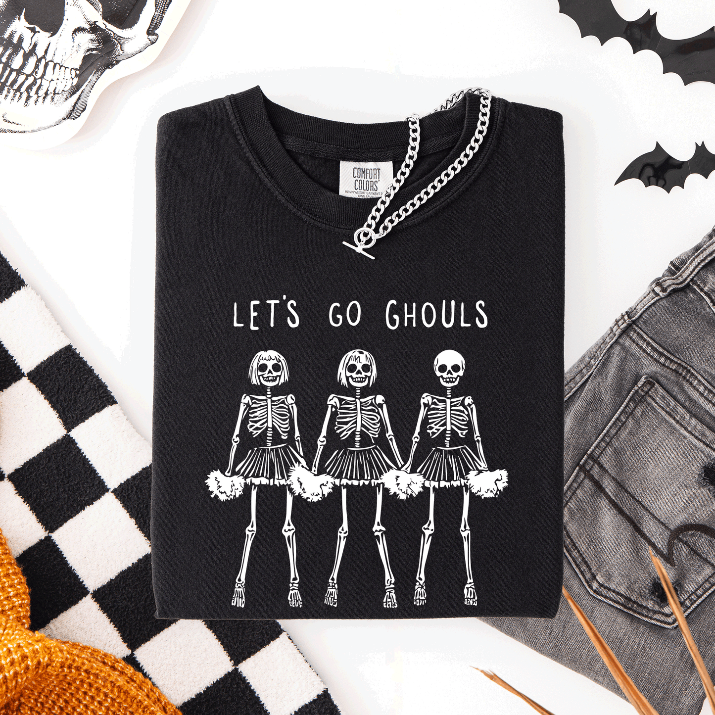 Let's Go Ghouls, Skeleton Cheerleaders, Cute, Halloween, Comfort Colors T-Shirt