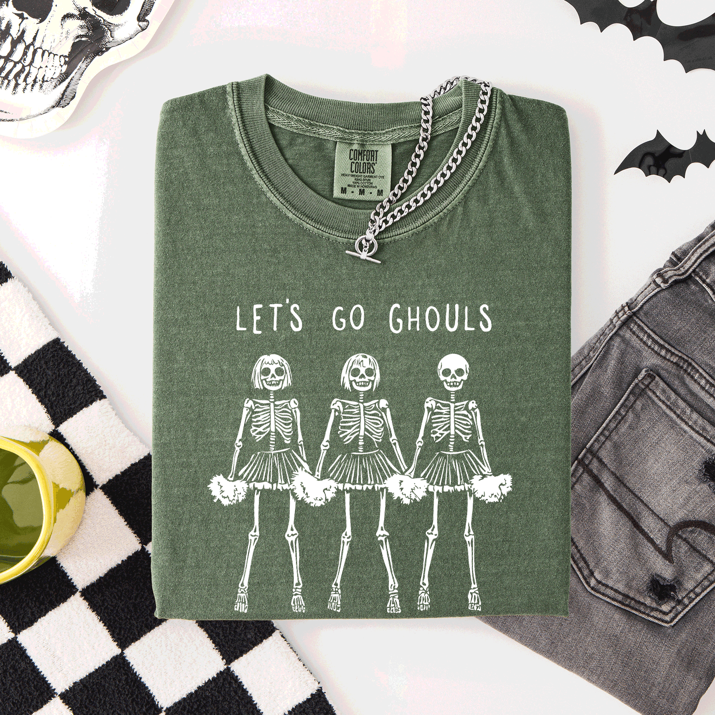 Let's Go Ghouls, Skeleton Cheerleaders, Cute, Halloween, Comfort Colors T-Shirt