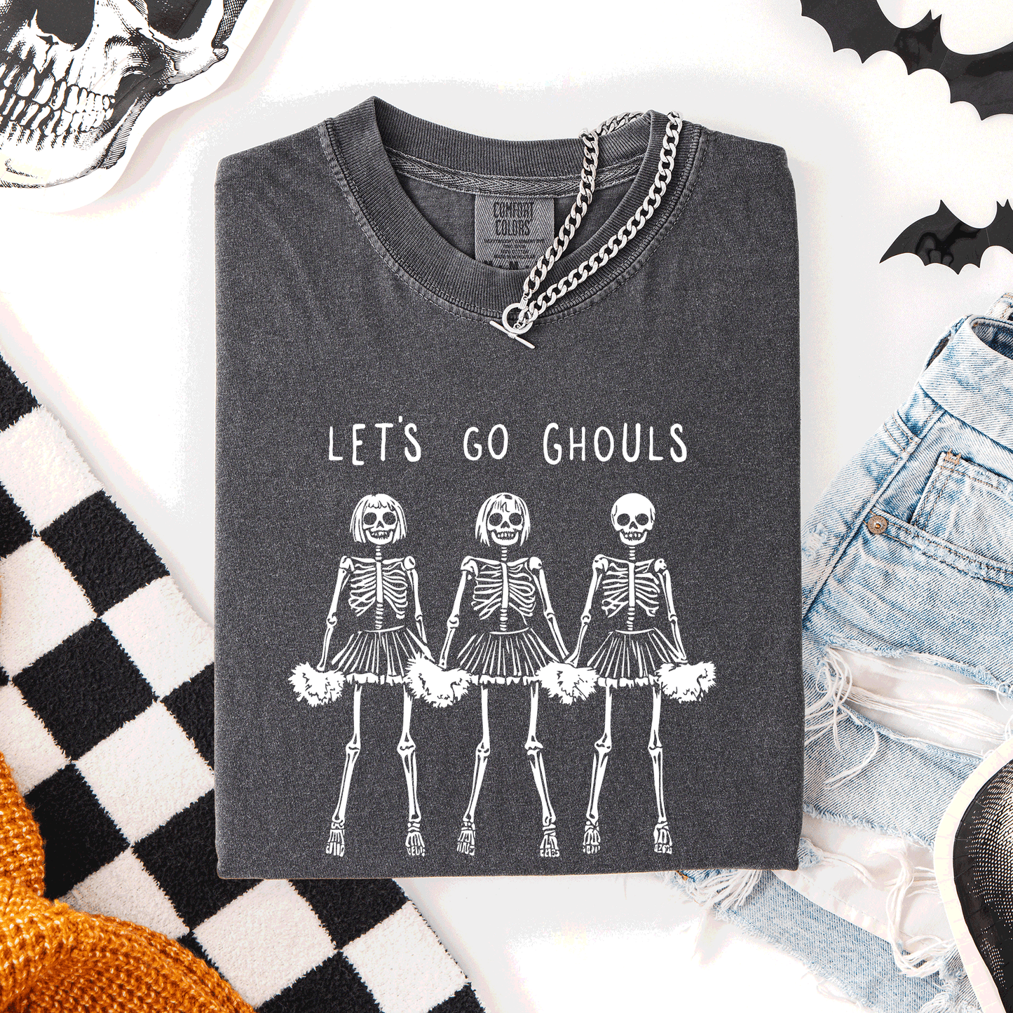 Let's Go Ghouls, Skeleton Cheerleaders, Cute, Halloween, Comfort Colors T-Shirt
