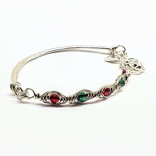 Silver Wire Wrapped Red Green Christmas Holiday Tube Bracelet