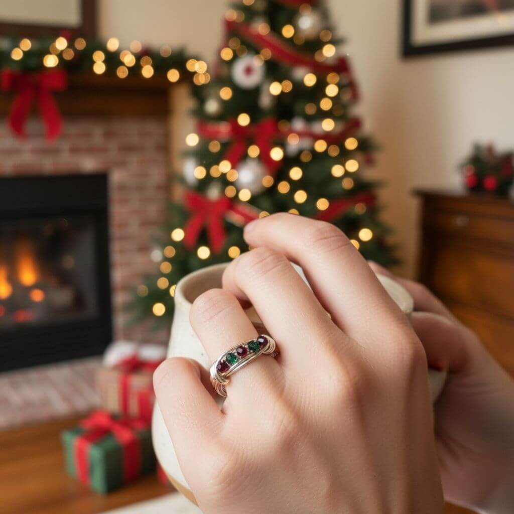 Silver Wire Wrapped Red Green Crystal Christmas Holiday Ring Limited Edition