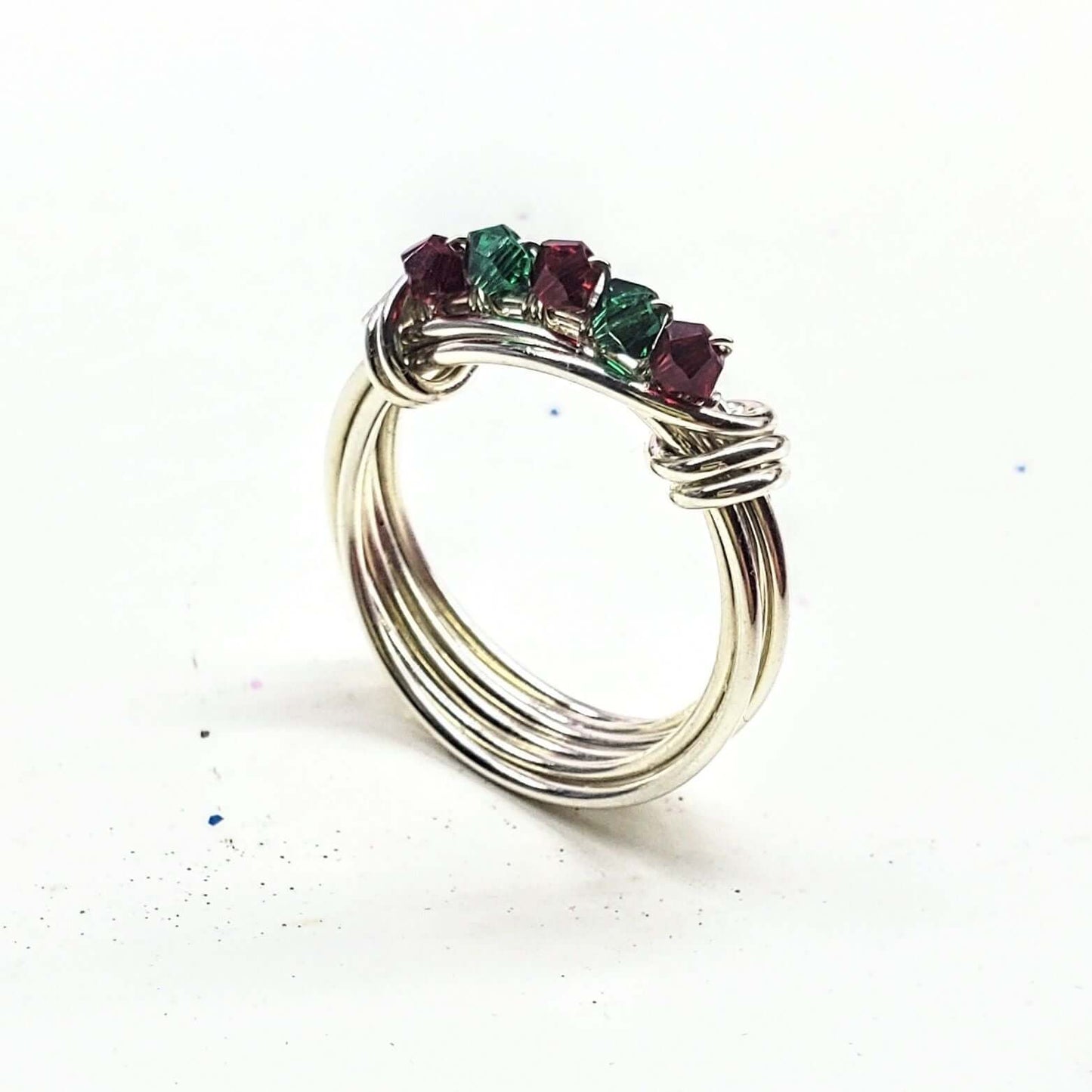 Silver Wire Wrapped Red Green Crystal Christmas Holiday Ring Limited Edition
