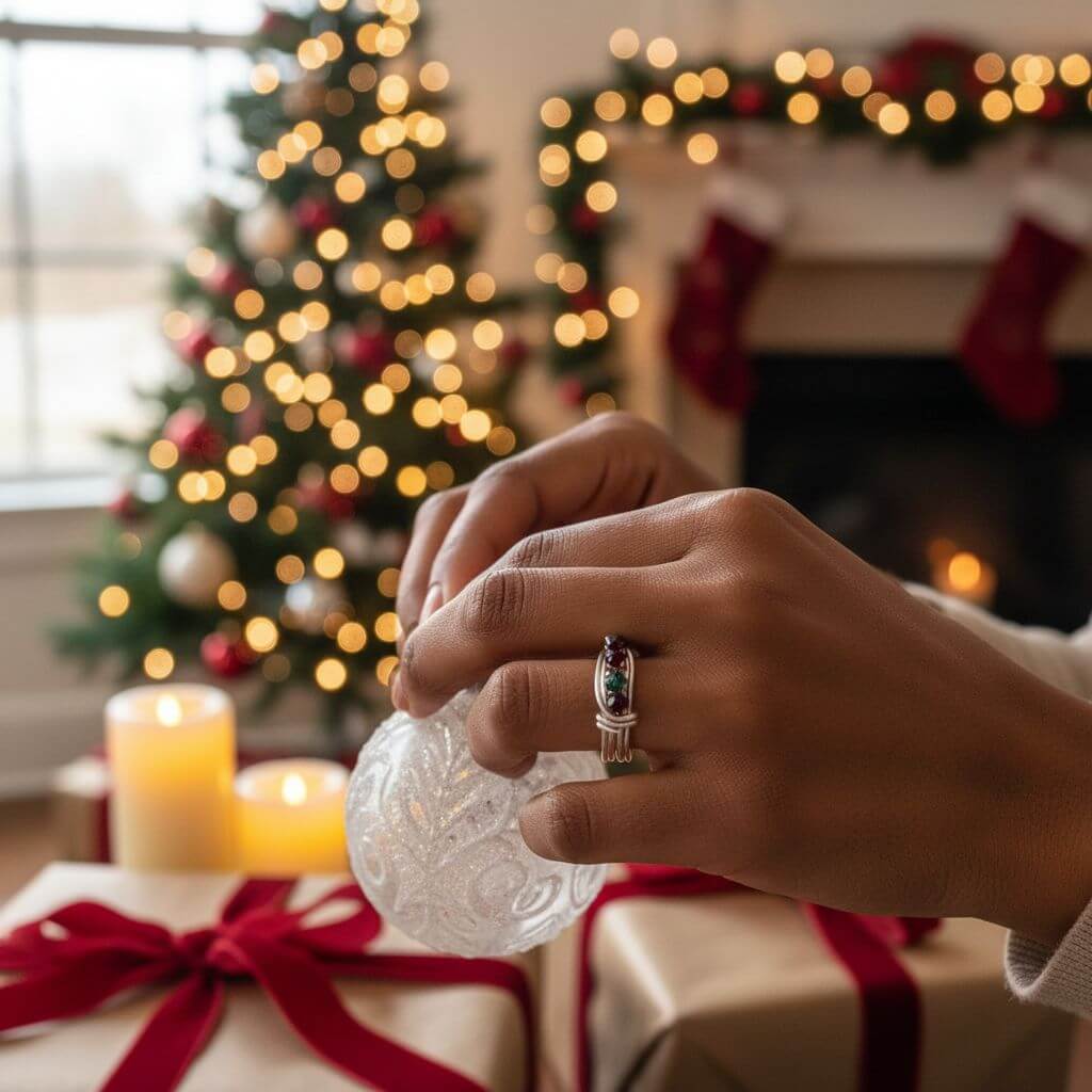 Silver Wire Wrapped Red Green Crystal Christmas Holiday Ring Limited Edition