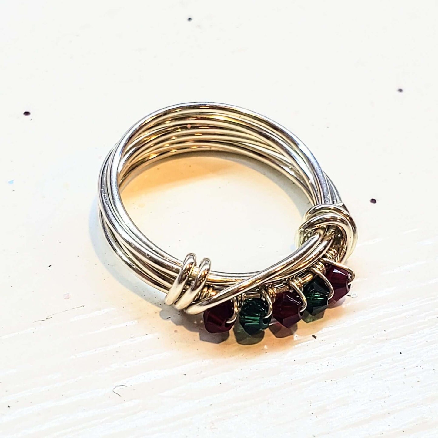 Silver Wire Wrapped Red Green Crystal Christmas Holiday Ring Limited Edition