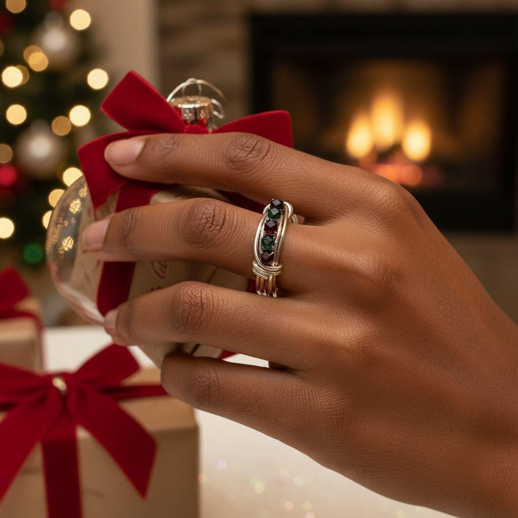 Silver Wire Wrapped Red Green Crystal Christmas Holiday Ring Limited Edition