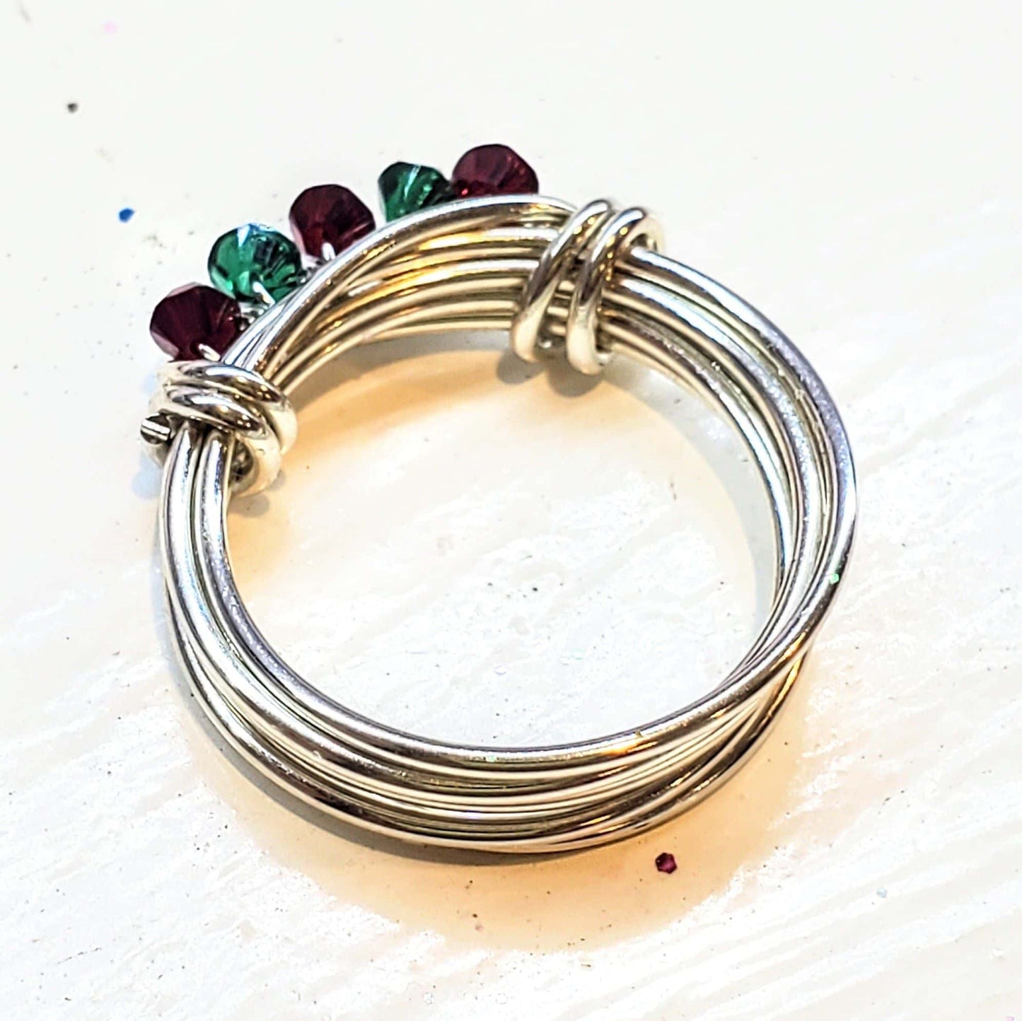 Silver Wire Wrapped Red Green Crystal Christmas Holiday Ring Limited Edition
