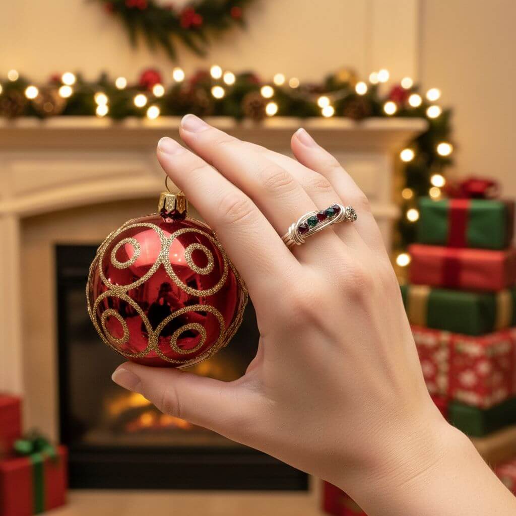 Silver Wire Wrapped Red Green Crystal Christmas Holiday Ring Limited Edition