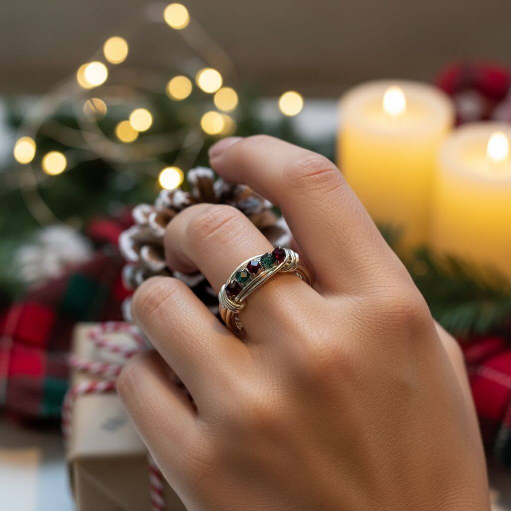 Silver Wire Wrapped Red Green Crystal Christmas Holiday Ring Limited Edition