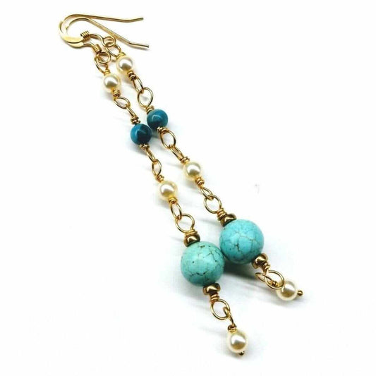 Long 14K Gold Filled Turquoise Pearl Earrings