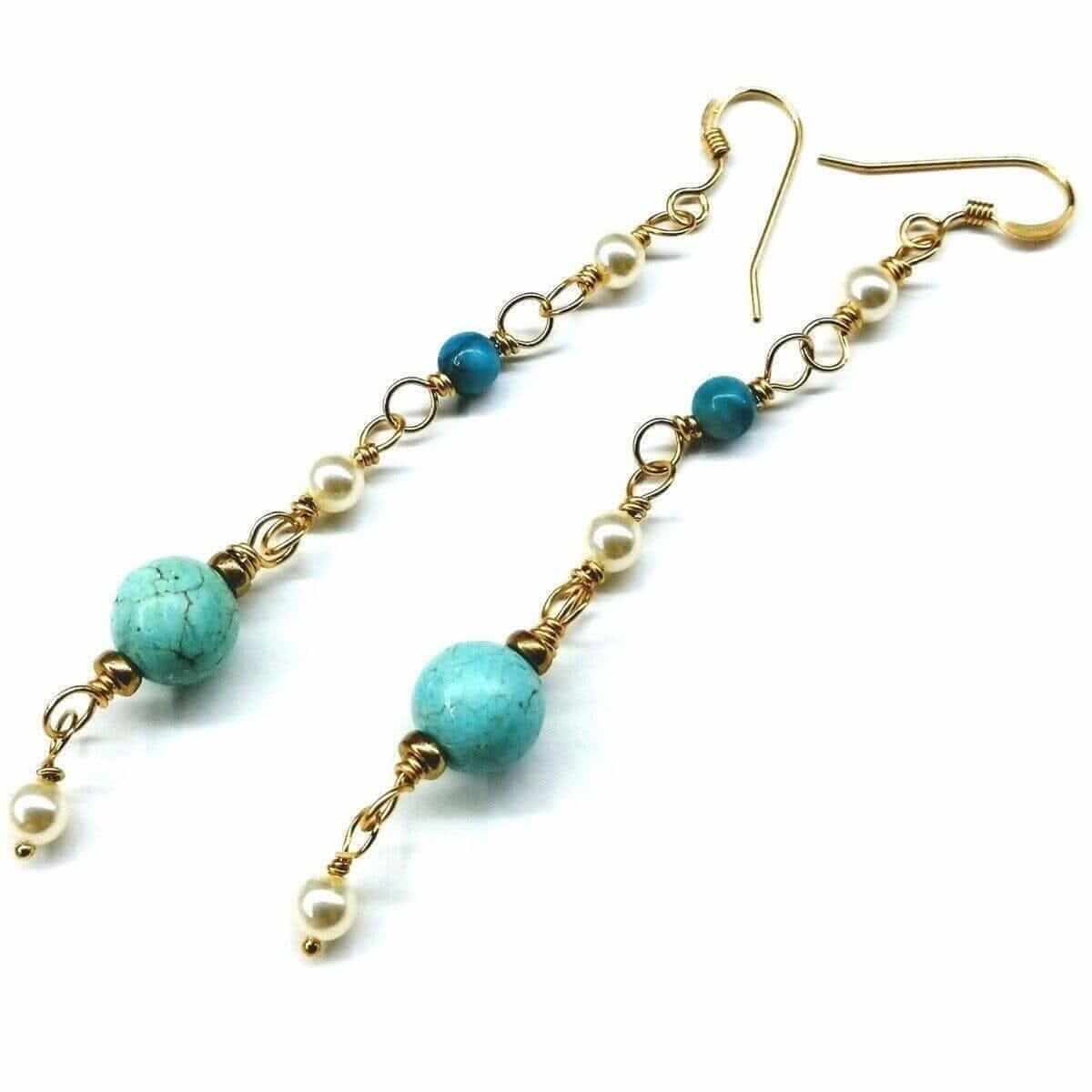 Long 14K Gold Filled Turquoise Pearl Earrings