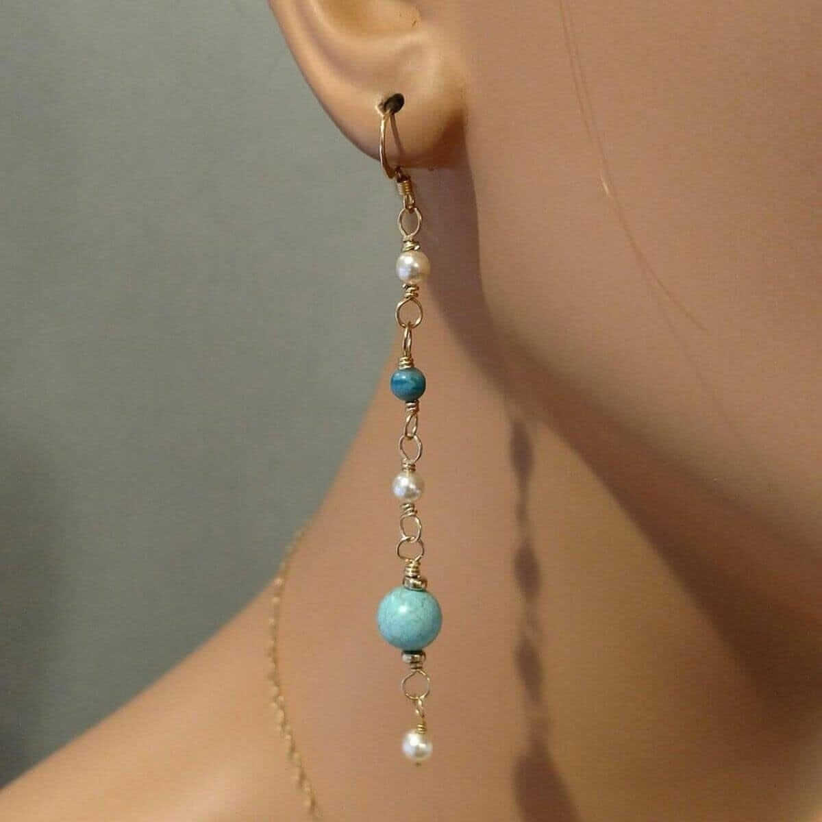 Long 14K Gold Filled Turquoise Pearl Earrings
