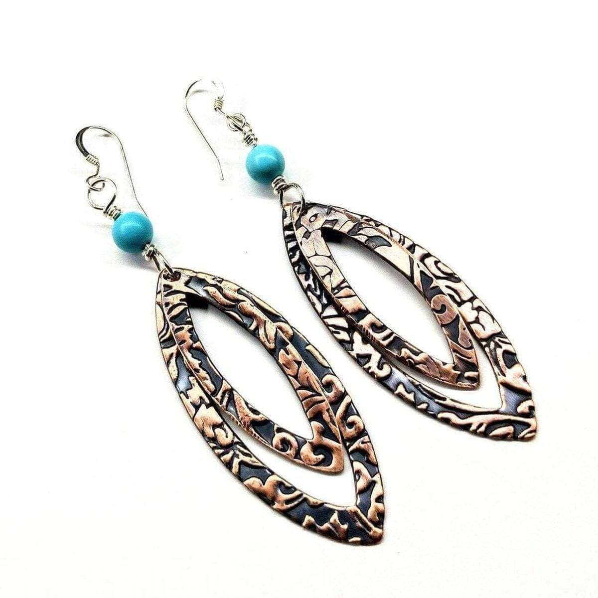 Copper Embossed Pointed Oval Turquoise Beaded Earrings Handmade