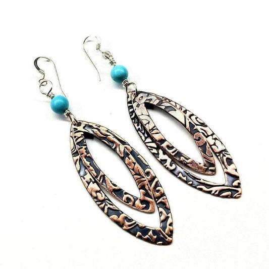 Copper Embossed Pointed Oval Turquoise Beaded Earrings Handmade