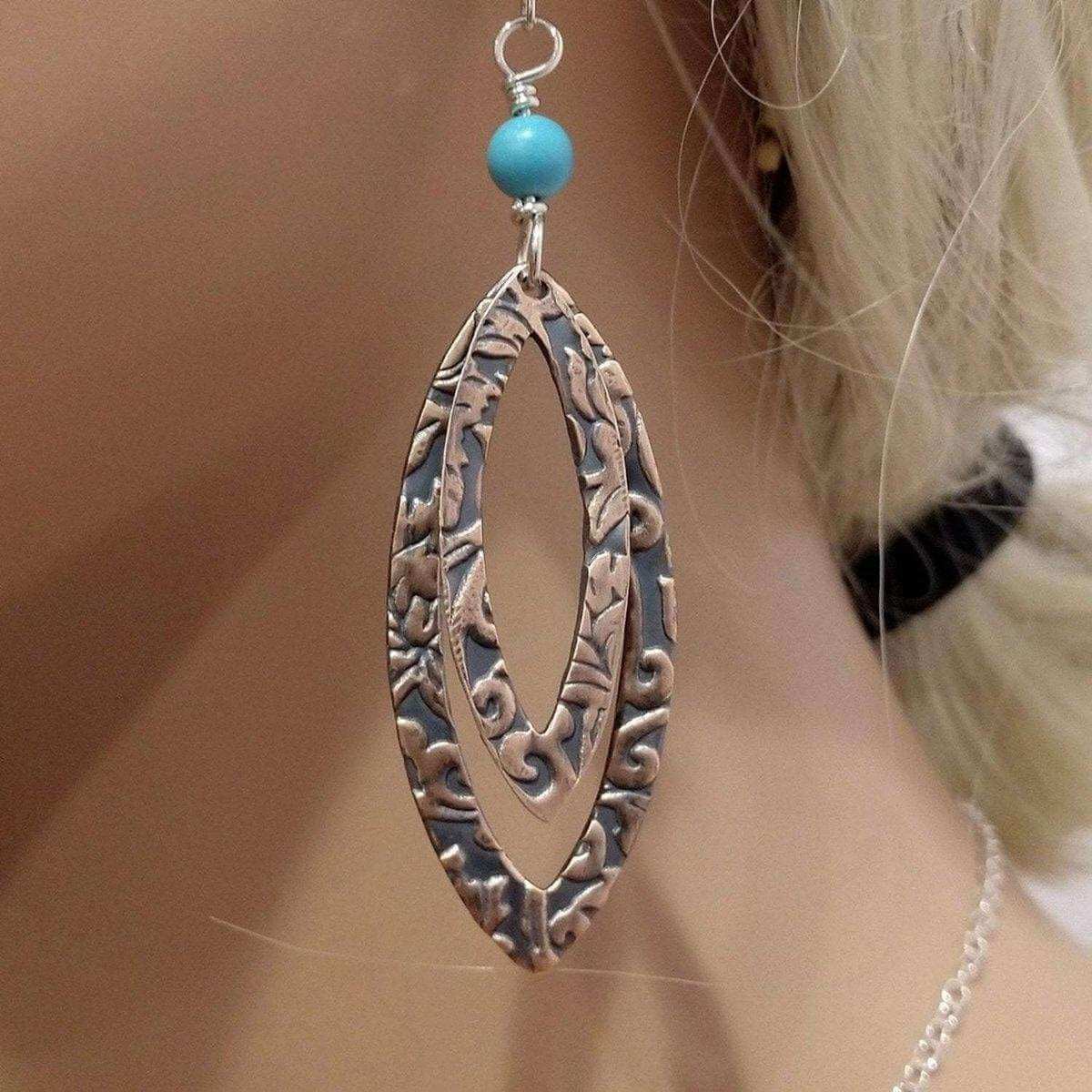 Copper Embossed Pointed Oval Turquoise Beaded Earrings Handmade