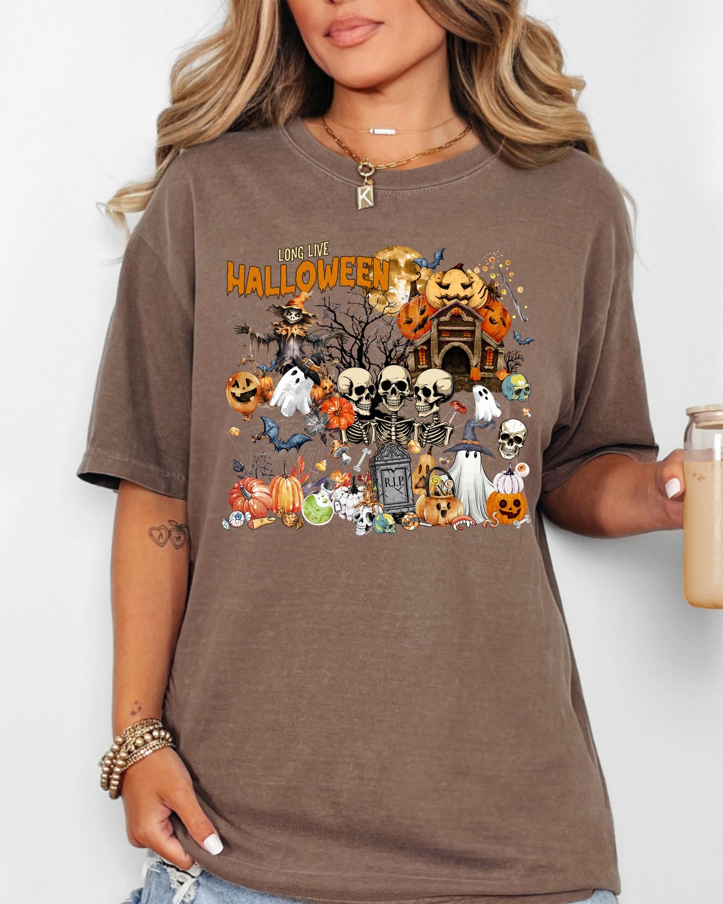 Long Live Halloween, Spooky Scene, Witch, Skeleton, Ghost, Haunted Shirt Comfort Colors T-Shirt