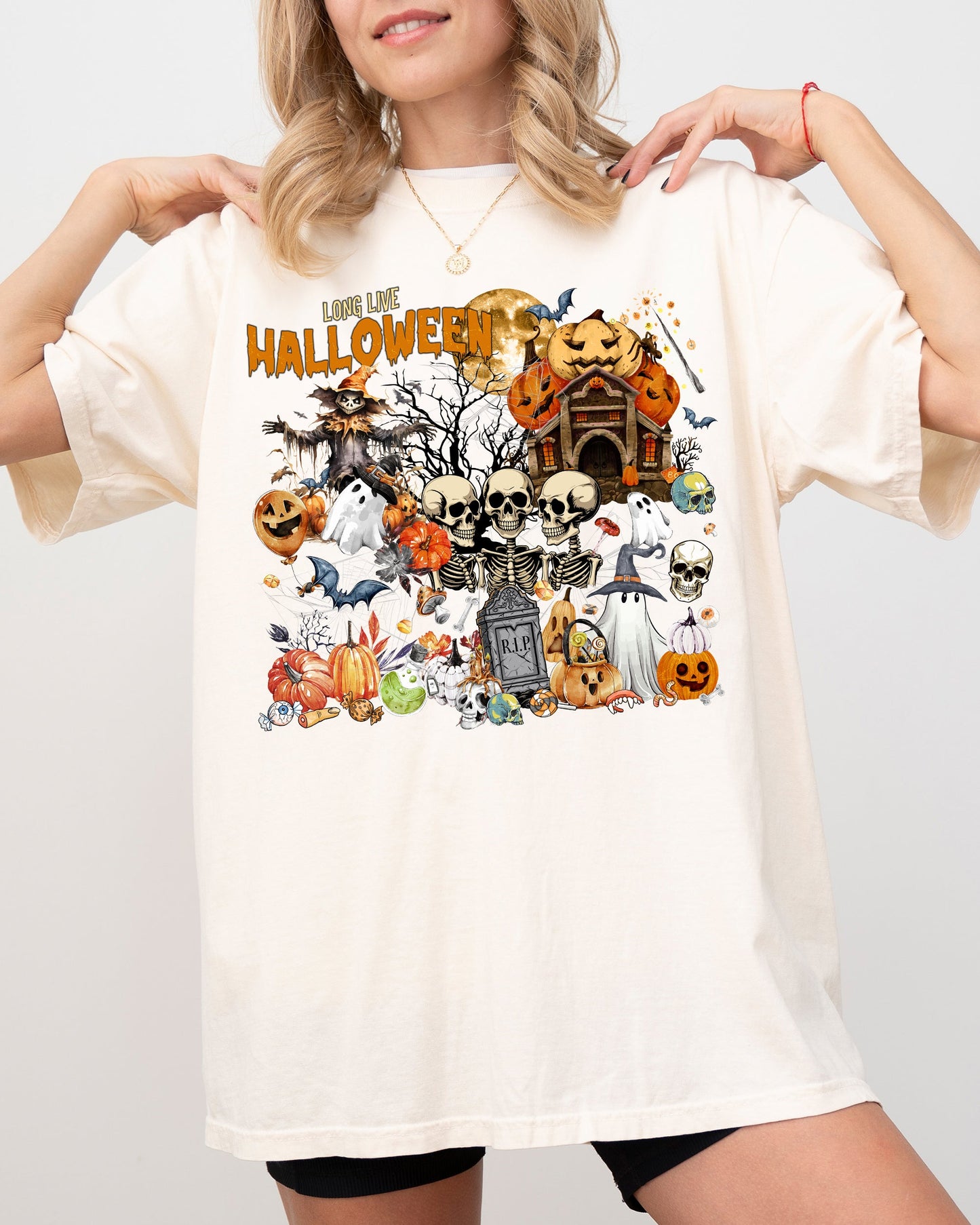 Long Live Halloween, Spooky Scene, Witch, Skeleton, Ghost, Haunted Shirt Comfort Colors T-Shirt