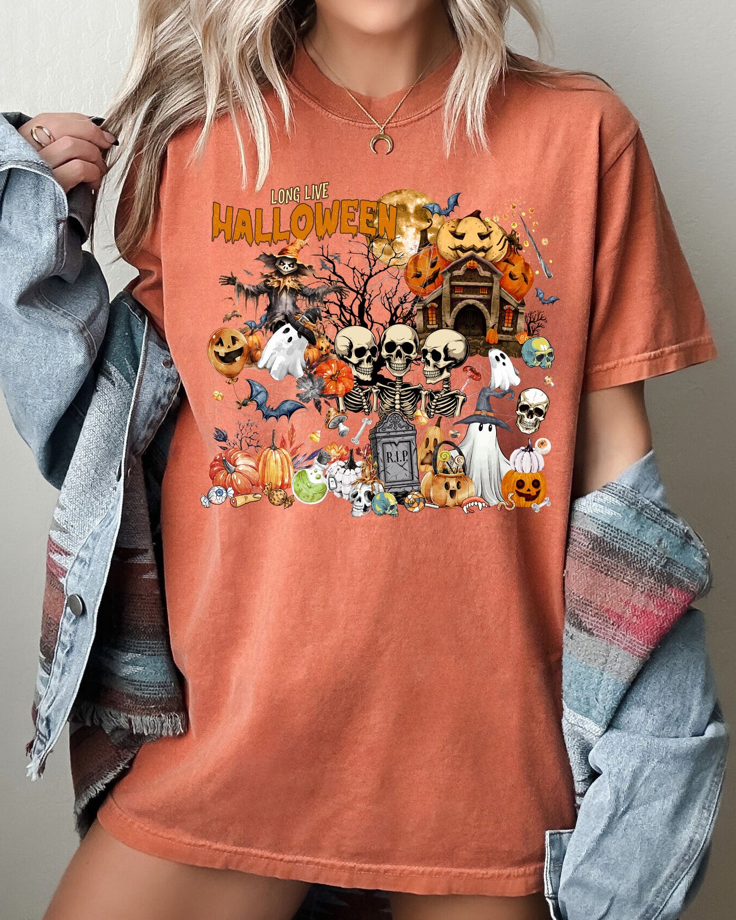 Long Live Halloween, Spooky Scene, Witch, Skeleton, Ghost, Haunted Shirt Comfort Colors T-Shirt