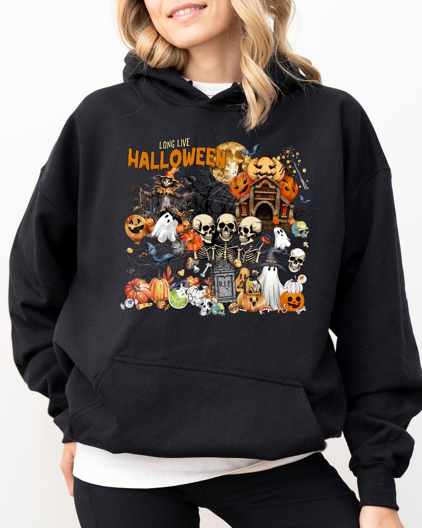 Long Live Halloween, Spooky Scene, Witch, Skeleton, Ghost, Haunted Hooded Sweatshirt