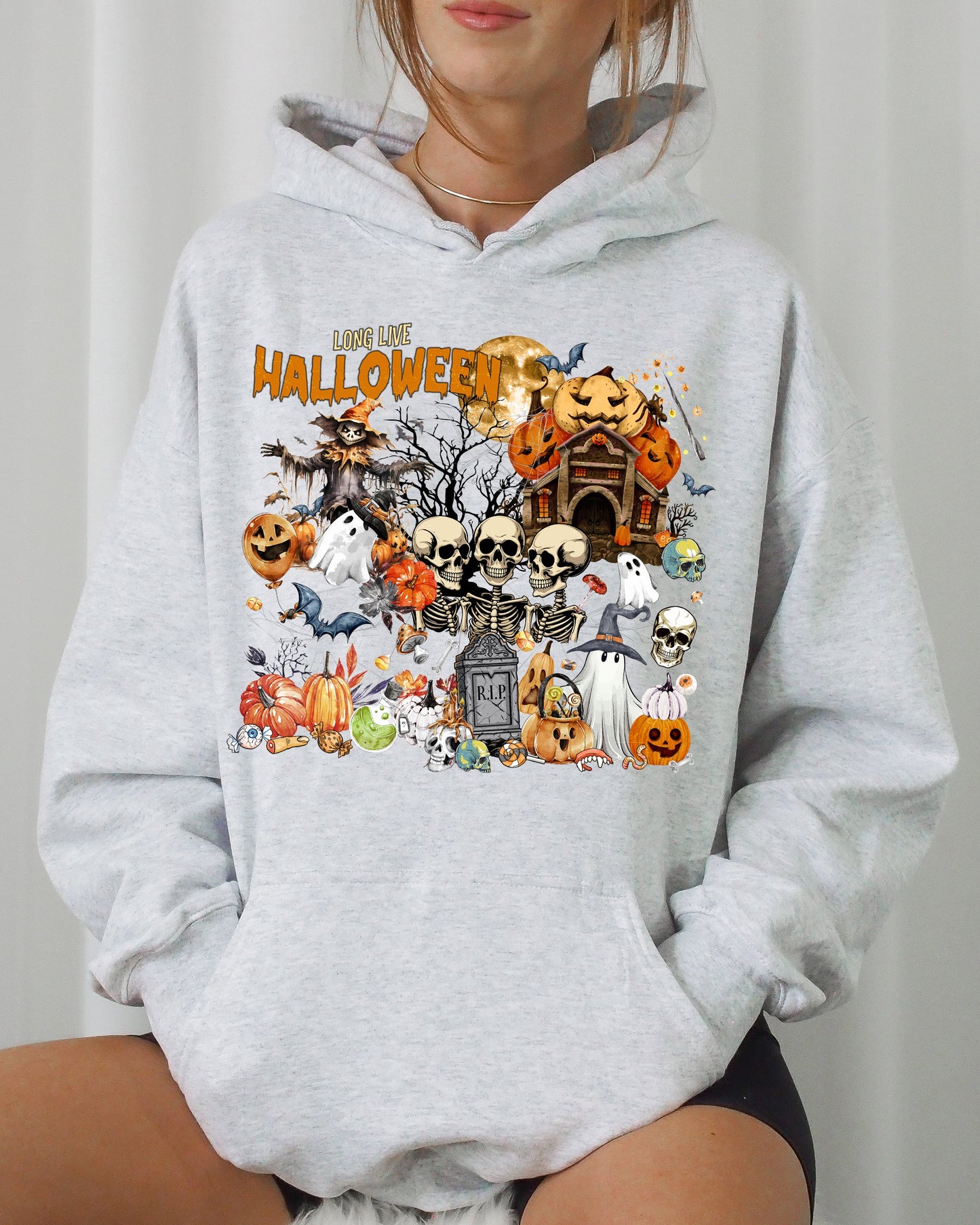 Long Live Halloween, Spooky Scene, Witch, Skeleton, Ghost, Haunted Hooded Sweatshirt