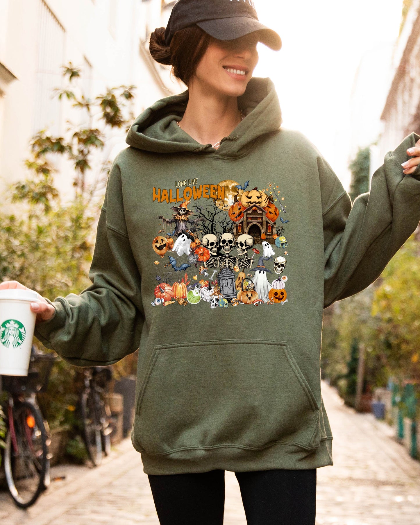 Long Live Halloween, Spooky Scene, Witch, Skeleton, Ghost, Haunted Hooded Sweatshirt