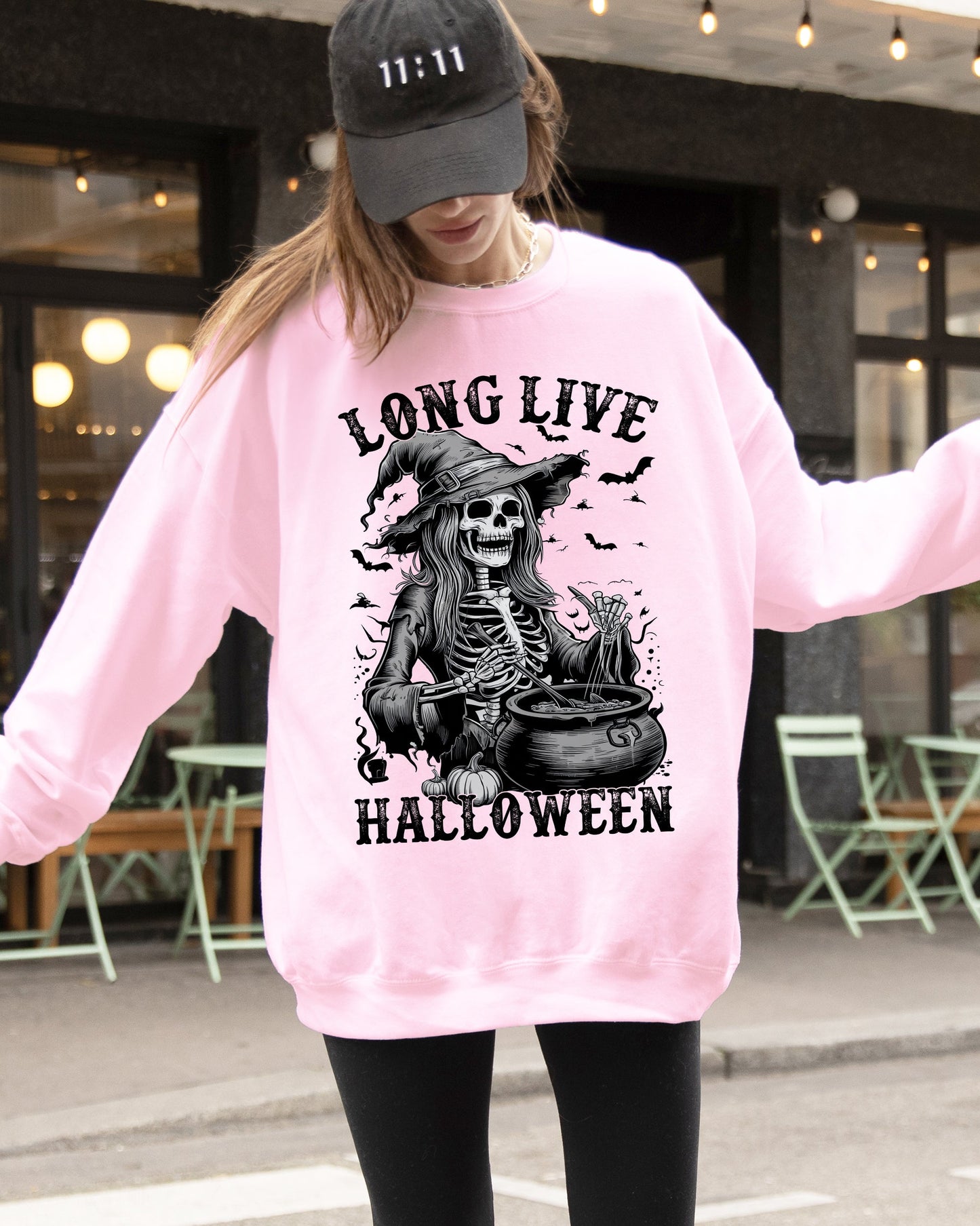 Long Live Halloween, Witch Skeleton, Bats, Spooky, Zombie Sweatshirt