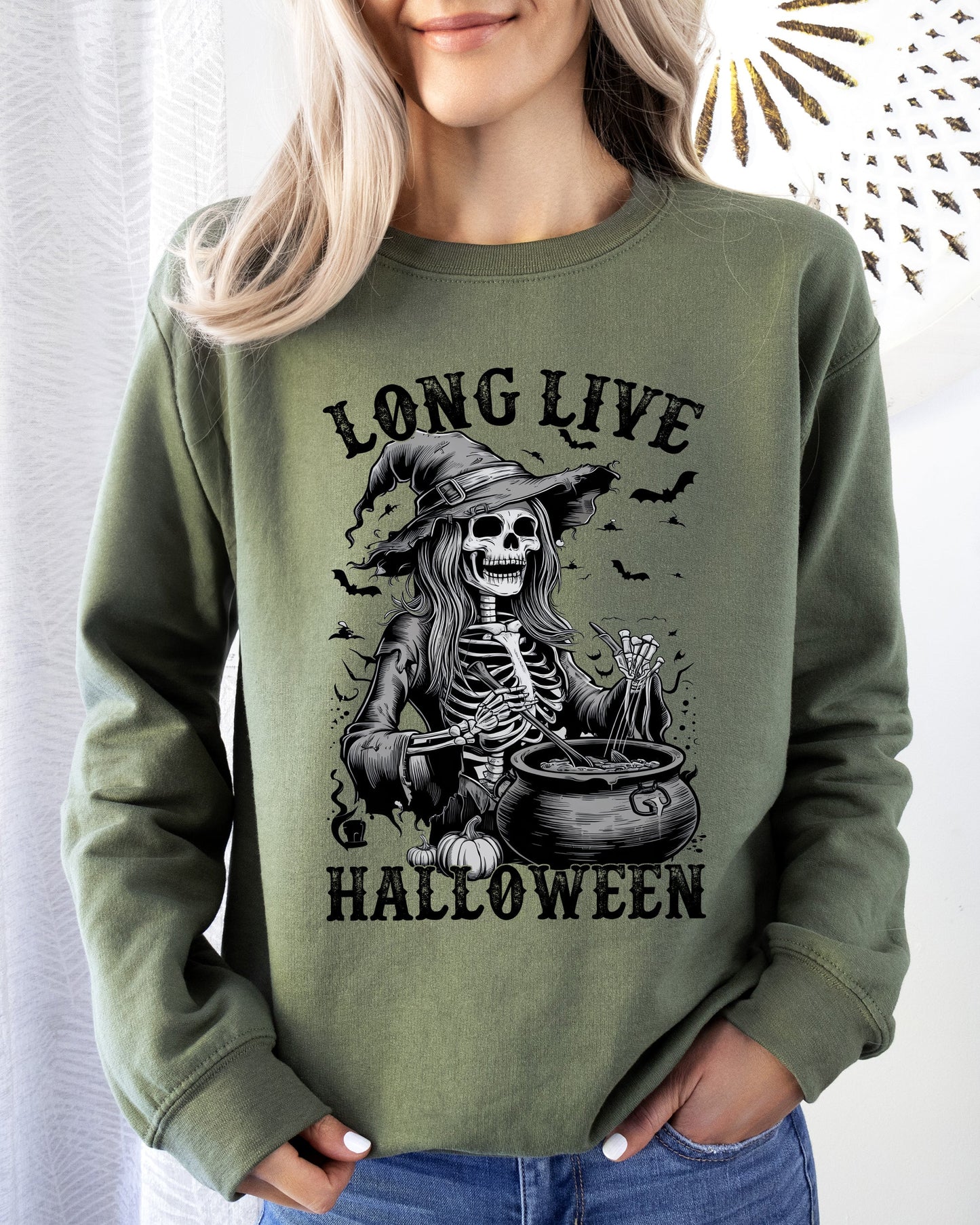 Long Live Halloween, Witch Skeleton, Bats, Spooky, Zombie Sweatshirt