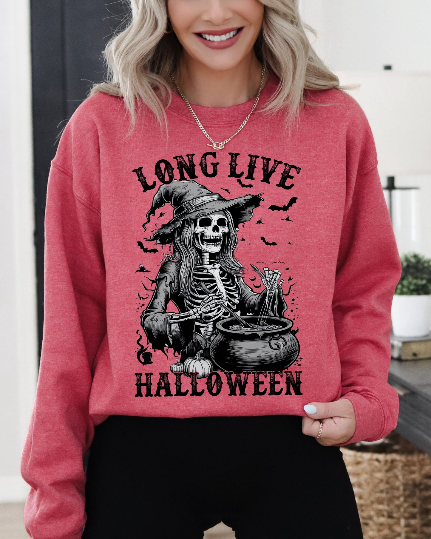 Long Live Halloween, Witch Skeleton, Bats, Spooky, Zombie Sweatshirt