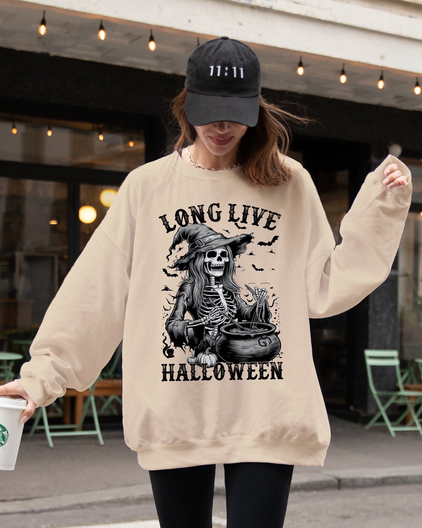 Long Live Halloween, Witch Skeleton, Bats, Spooky, Zombie Sweatshirt