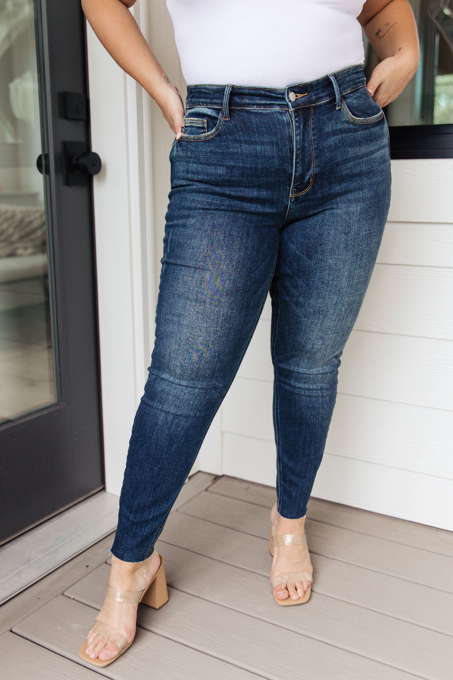 Mid Rise Vintage Raw Hem Skinny Jeans Lydia
