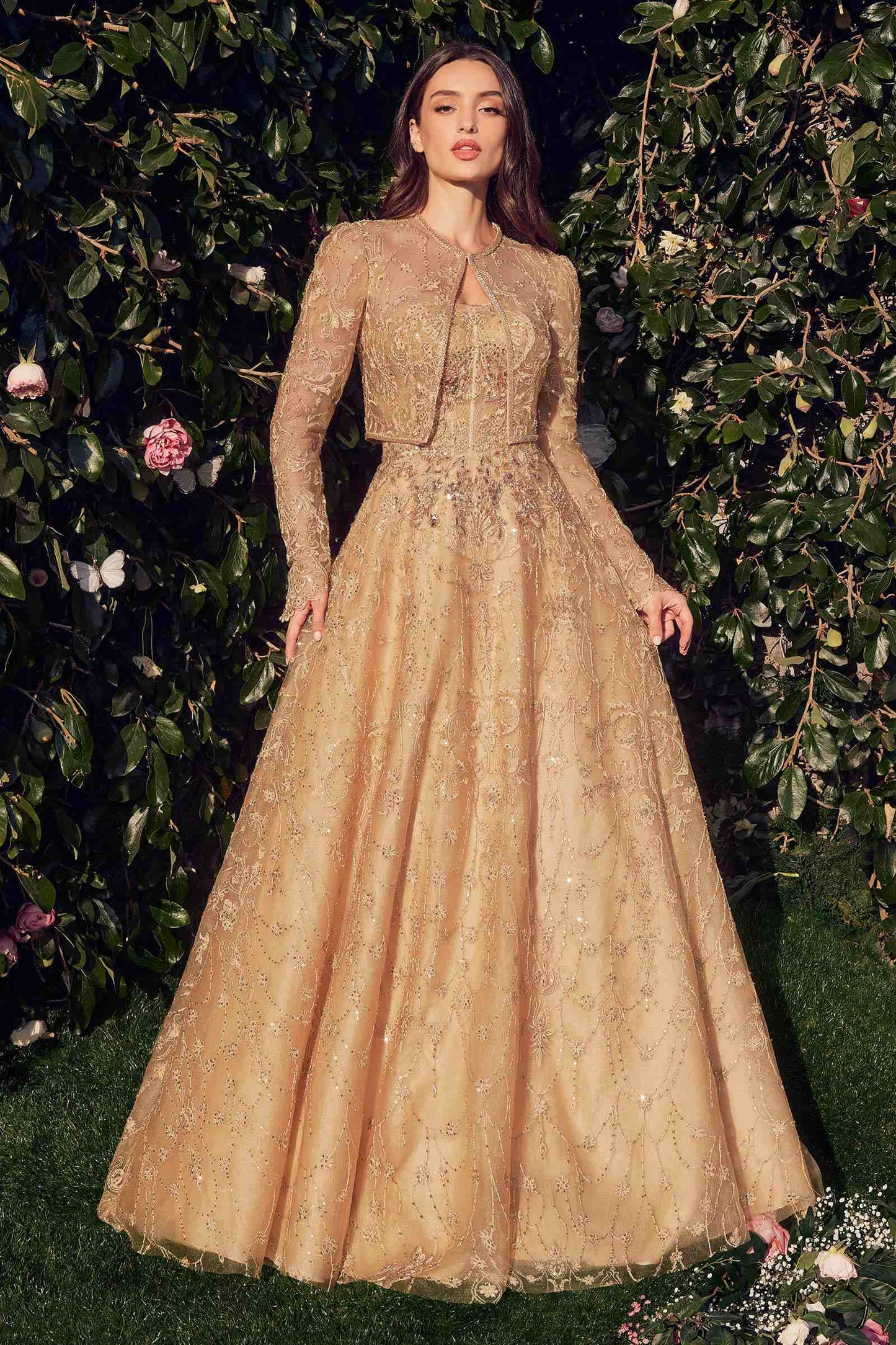 Andrea & Leo MA104 Strapless Embroidered Ball Gown With Removable Jacket