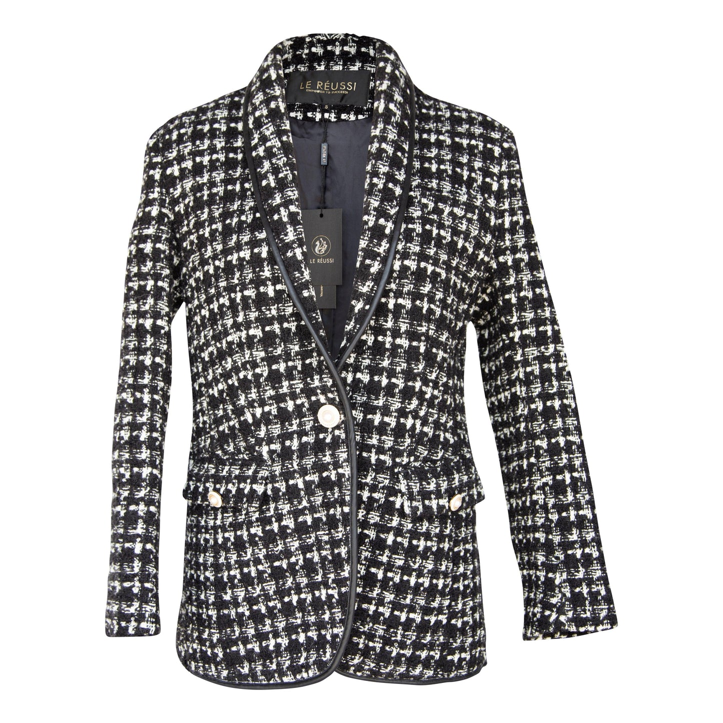 Black & White Tweed Checkers Chic Tailored Blazer Women’s Le Reussi