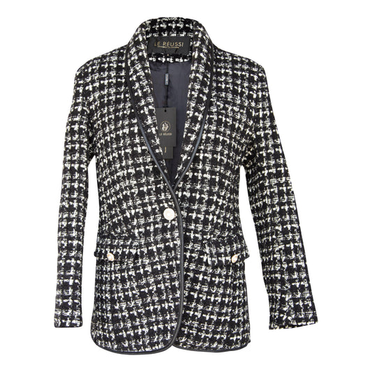 Black & White Tweed Checkers Chic Tailored Blazer Women’s Le Reussi