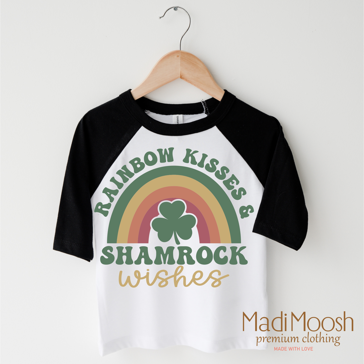 Rainbow Kisses And Shamrock Wishes St. Patrick's Day  Shirt - Kids St Patrick's Day Tee