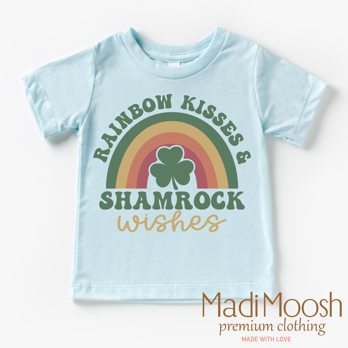 Rainbow Kisses And Shamrock Wishes St. Patrick's Day  Shirt - Kids St Patrick's Day Tee