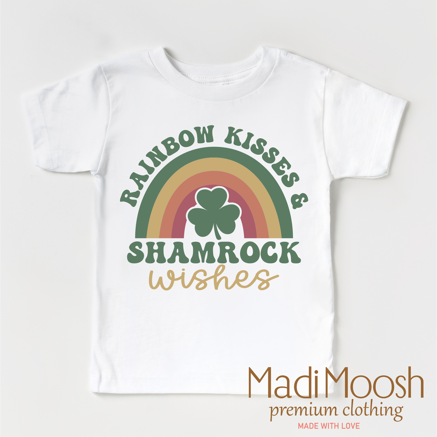 Rainbow Kisses And Shamrock Wishes St. Patrick's Day  Shirt - Kids St Patrick's Day Tee