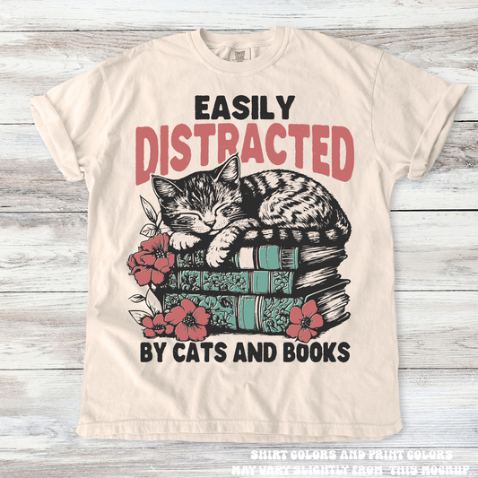 Easily Distracted By Books And Cats Shirt Printed On Comfort Colors