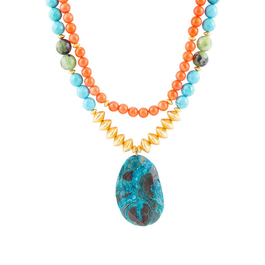 Mandy Orange and Blue Jasper Pendant Statement Necklace