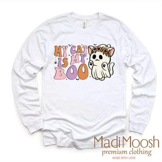 My Cat Is My Boo Halloween Tee - Long Sleeve White Shirt