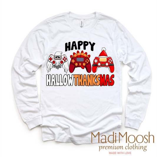 Happy HallowThanksMas Halloween Tee - Long Sleeve White Shirt