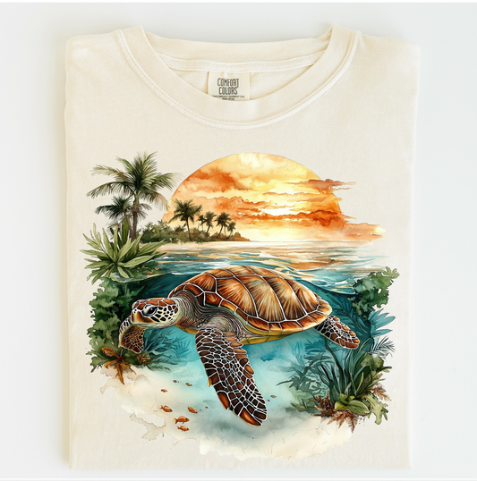 Retro Sea Turtle Ocean Sunset Scene Shirt - Printed On Comfort Colors