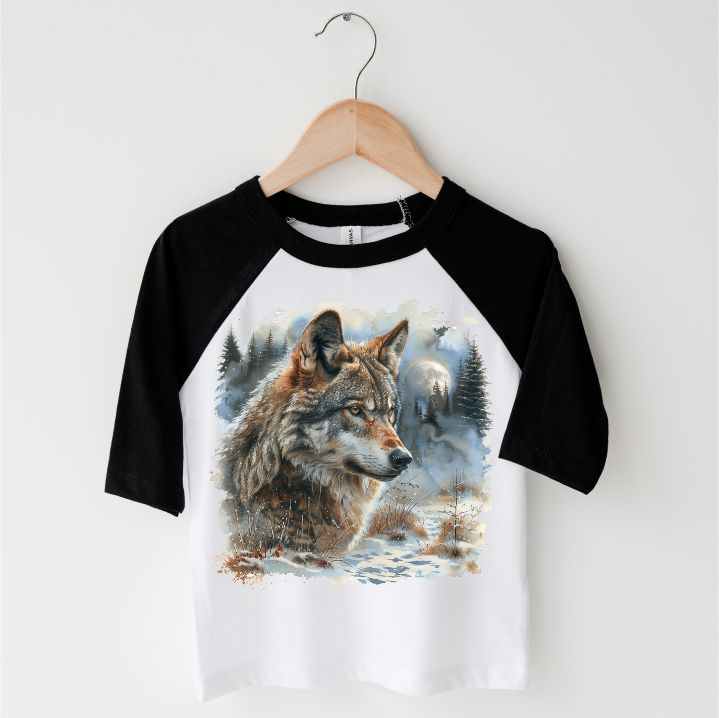 Retro Wolf Watercolor Nature Scene Shirt - Kids Tee